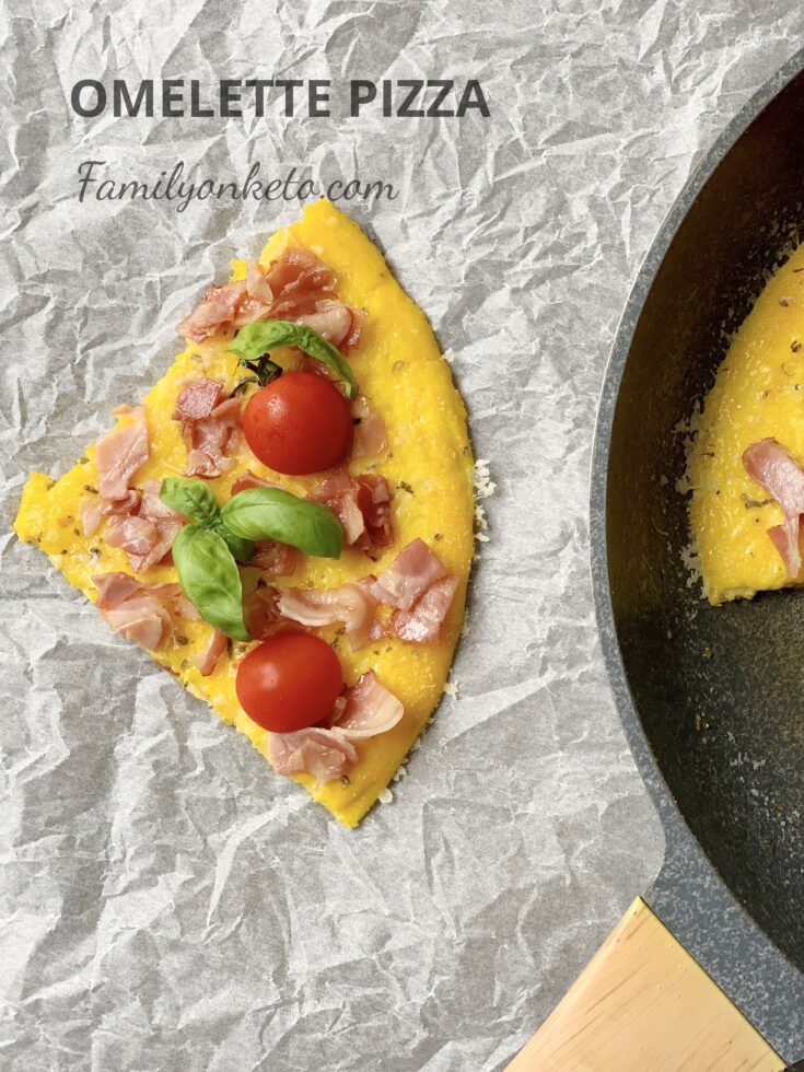 Picture of a slice of omelette pizza on a parchment paper
