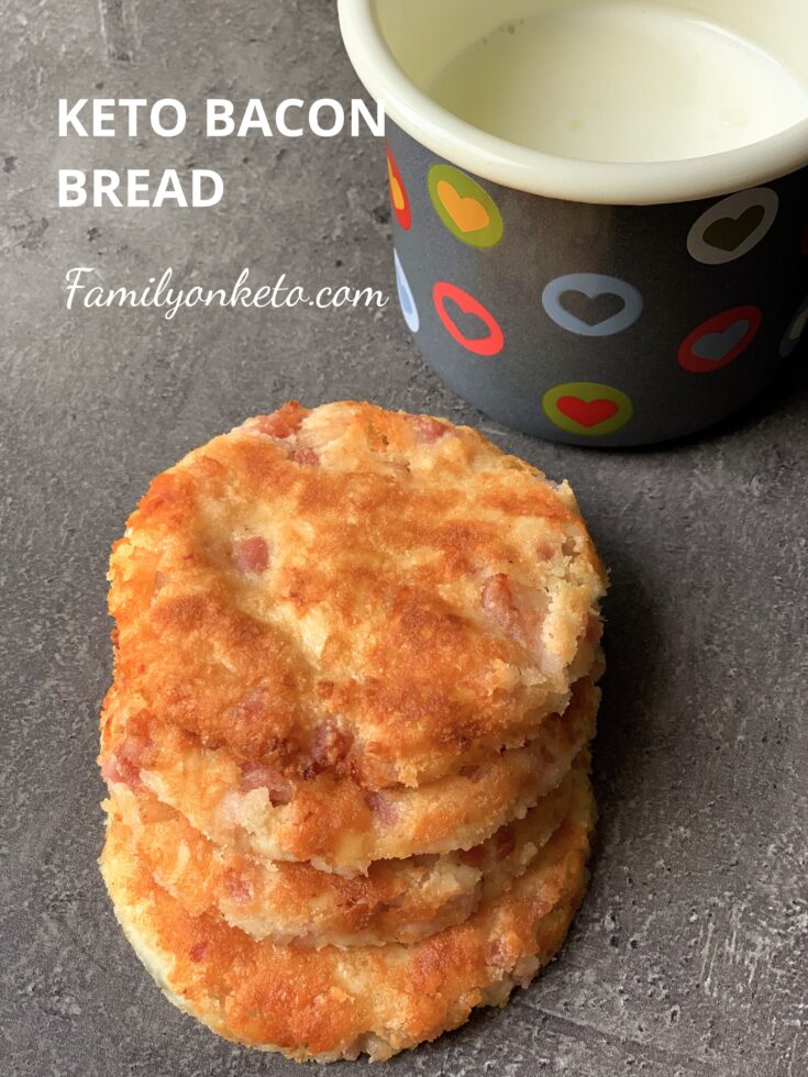 Picture of keto bread with bacon and cheddar cheese on the table with yogurt