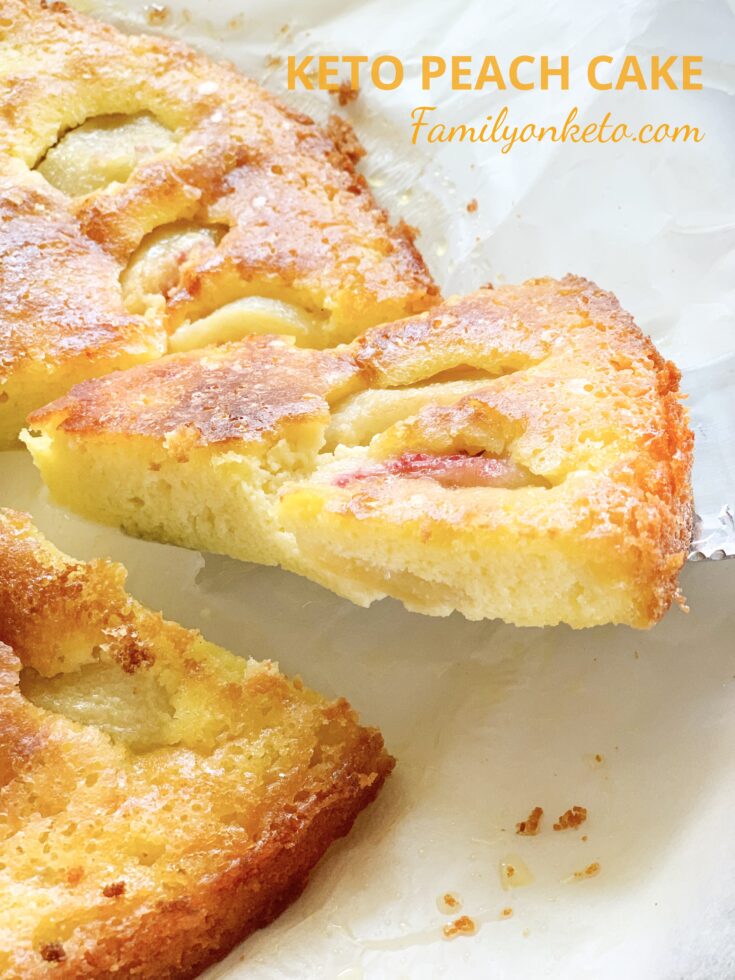 Picture of keto peach cake slice on a parchment paper