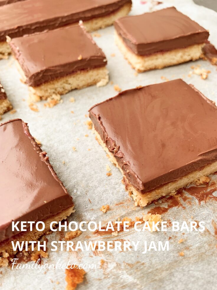 Picture of keto chocolate cake bars with strawberry jam