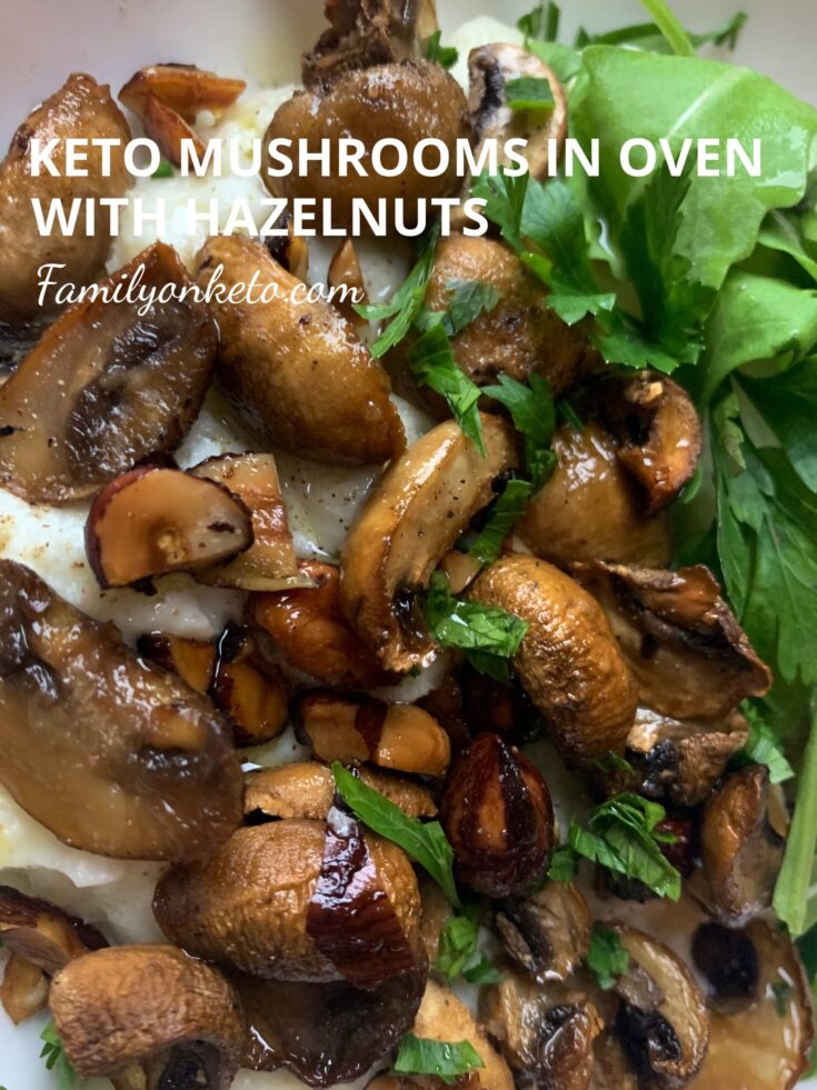 Picture of a bowl with cauliflower mash with roasted mushrooms and hazelnuts with arugula