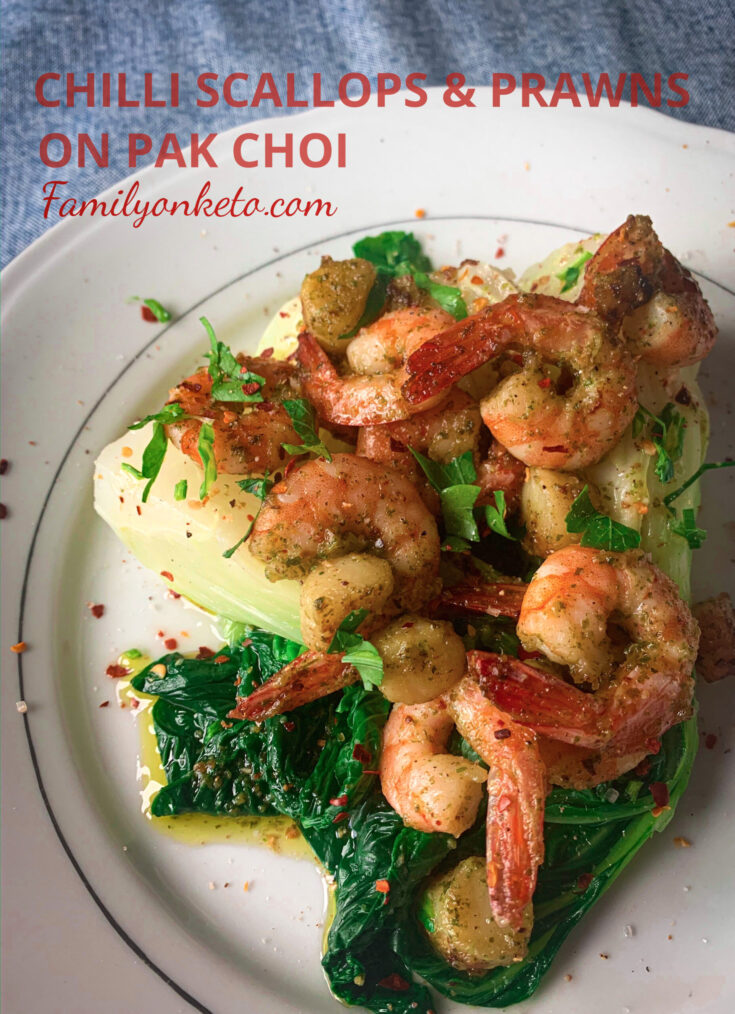 Picture of chilli scallops and prawns on pak choi with butter and garlic.