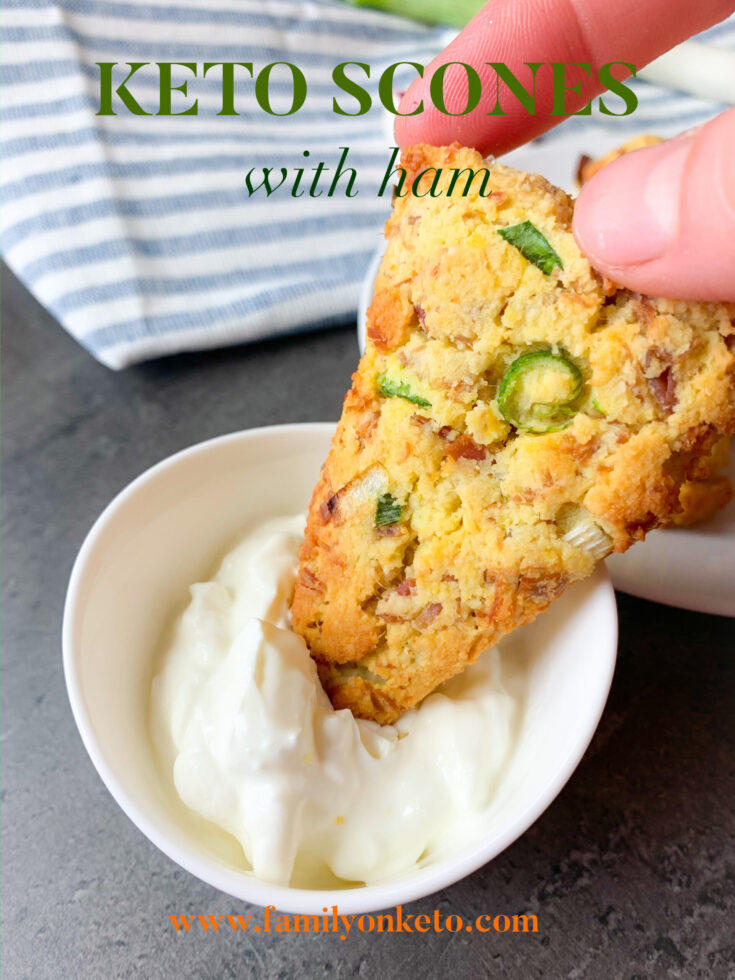 Picture of keto scones with ham and cream cheese dipped in a sour cream
