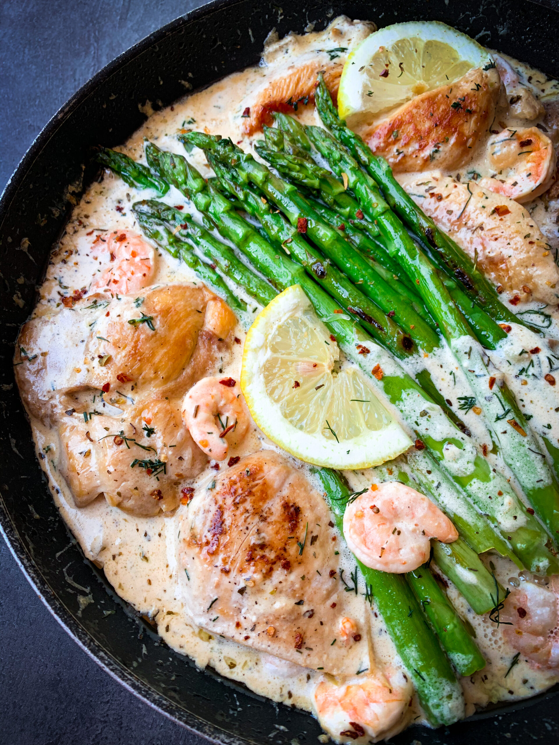 One skillet chicken with lemon sauce and shrimp - Family On Keto