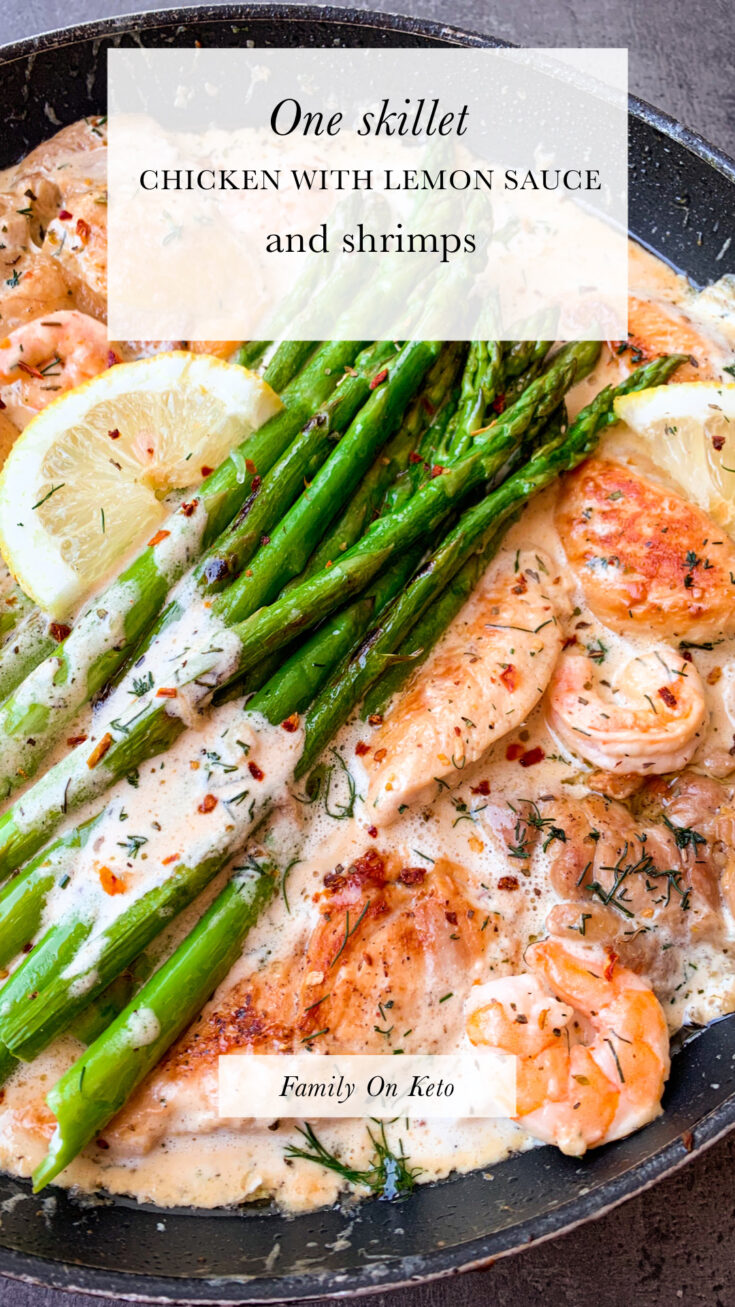 Picture of one skillet chicken with lemon sauce, shrimps and asparagus with fresh dill