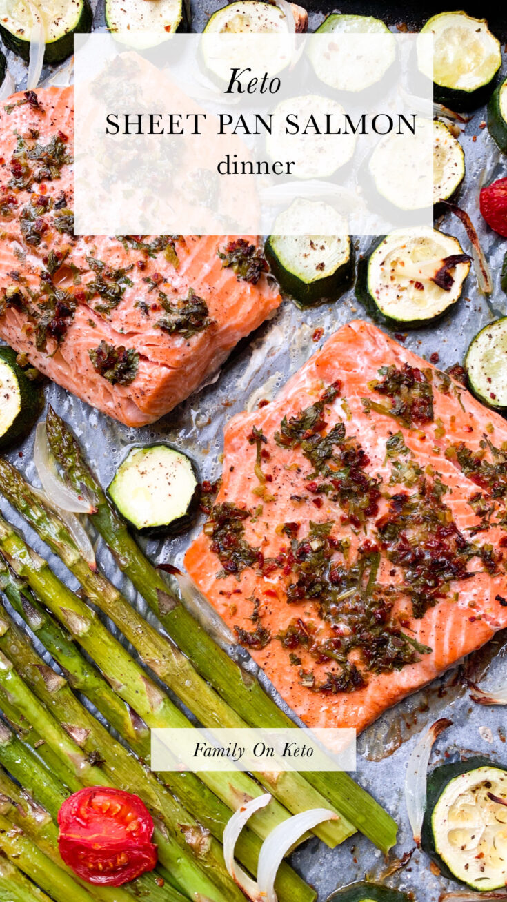 Picture of keto sheet pan salmon dinner with asparagus and zucchini
