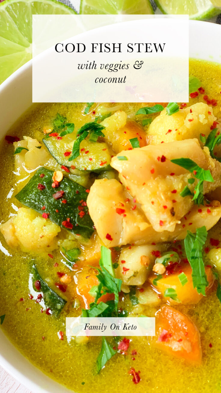 Picture of cod fish stew with veggies and coconut milk, dairy free keto fish dinner