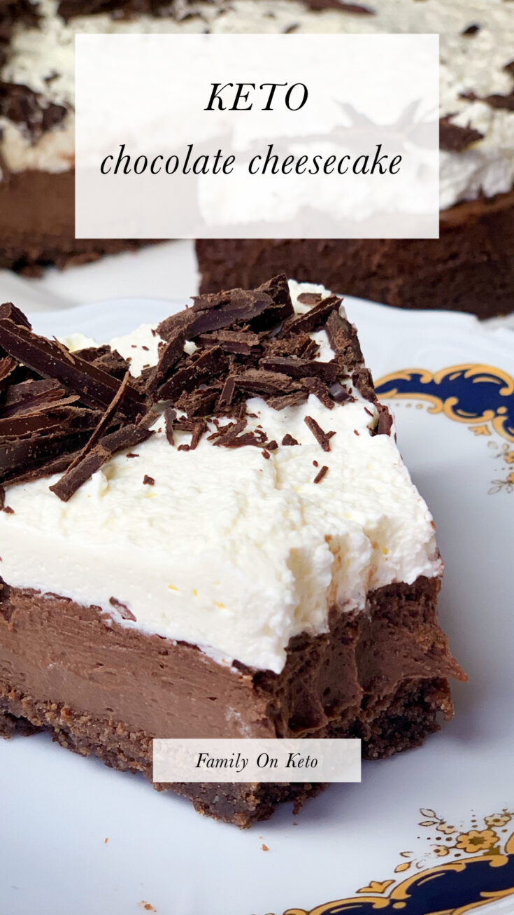 Picture of keto chocolate cheesecake with dark chocolate cream on top