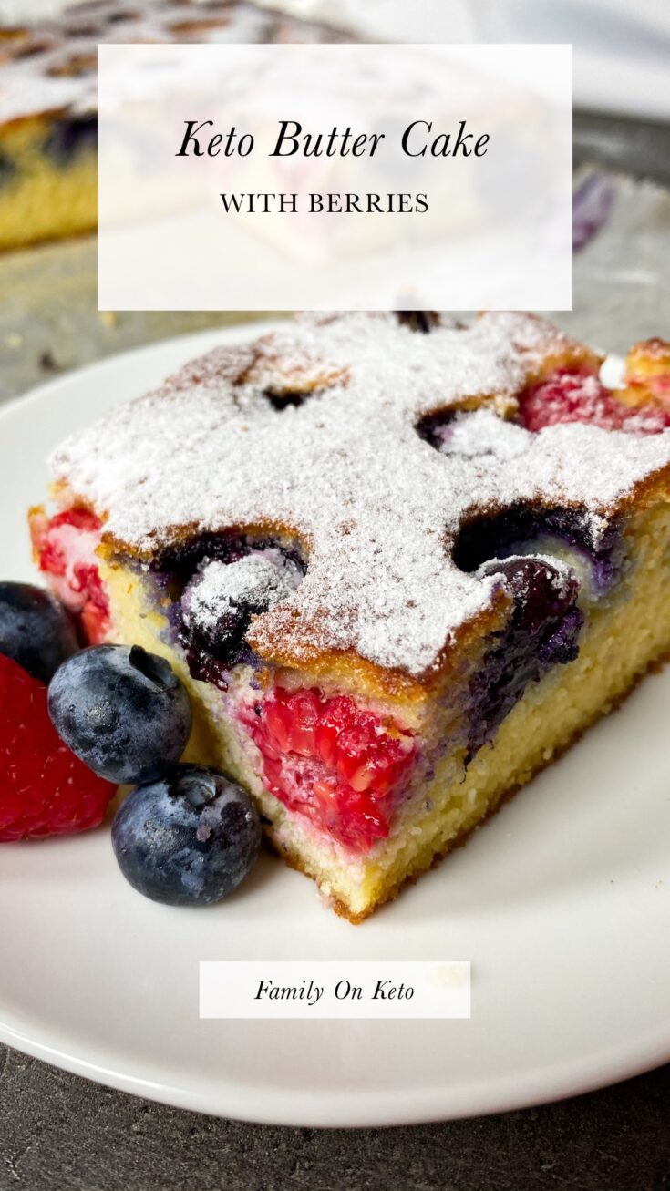 Picture of a slice of keto butter cake with berries on a plate