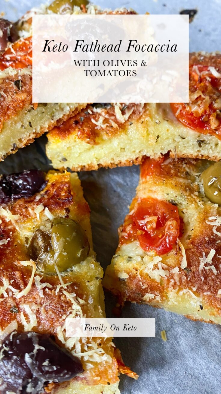 Picture of keto fathead focaccia with olives and tomatoes