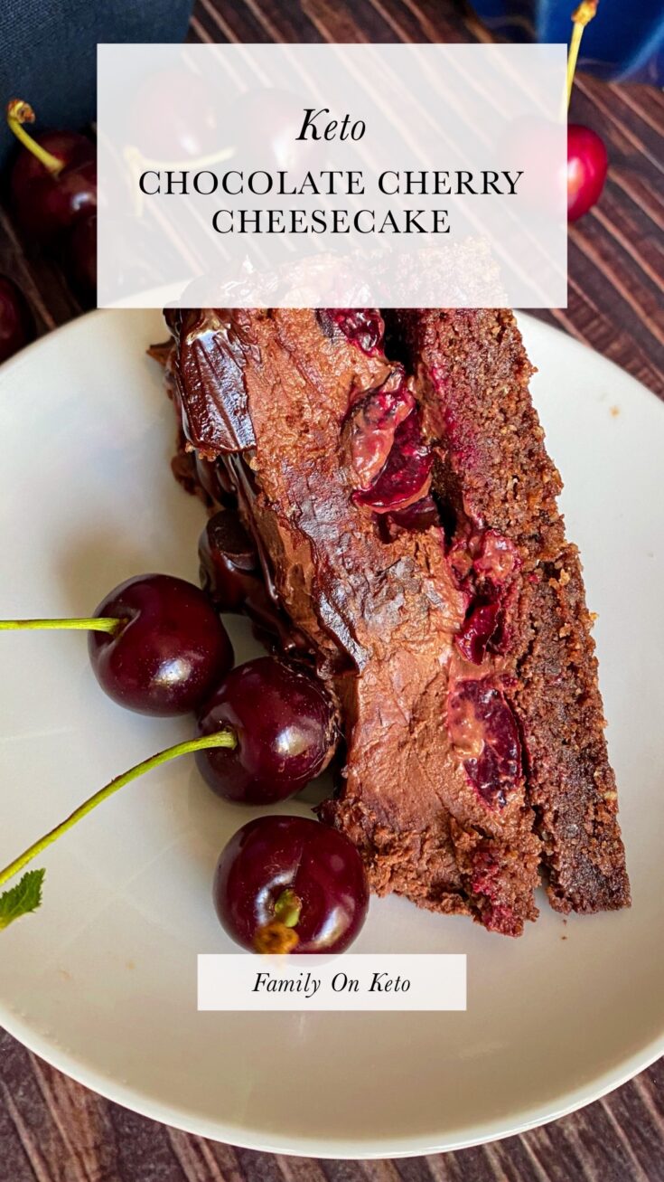 Picture of a slice of keto chocolate cherry cheesecake