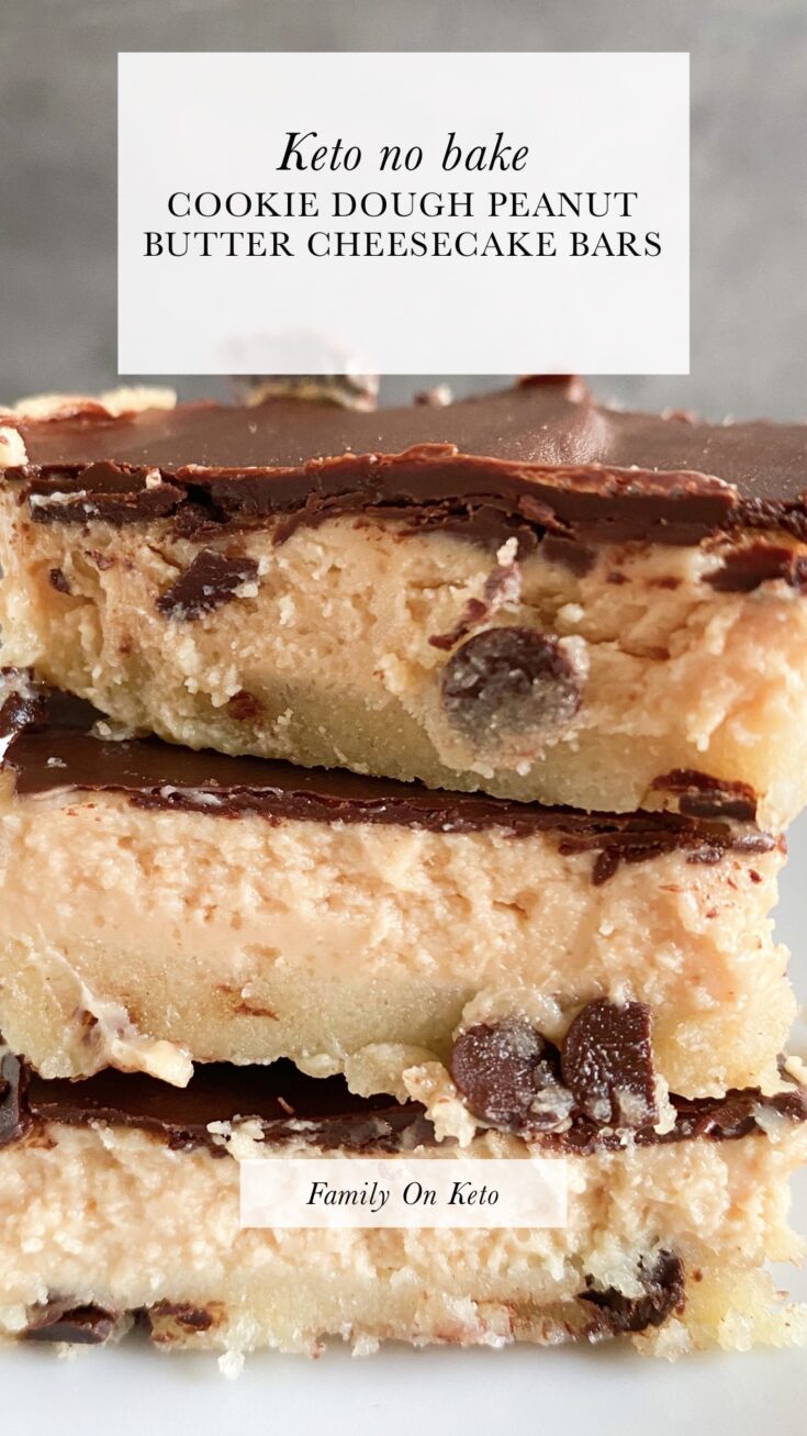 Picture of keto no bake cookie dough peanut butter cheesecake bars deck