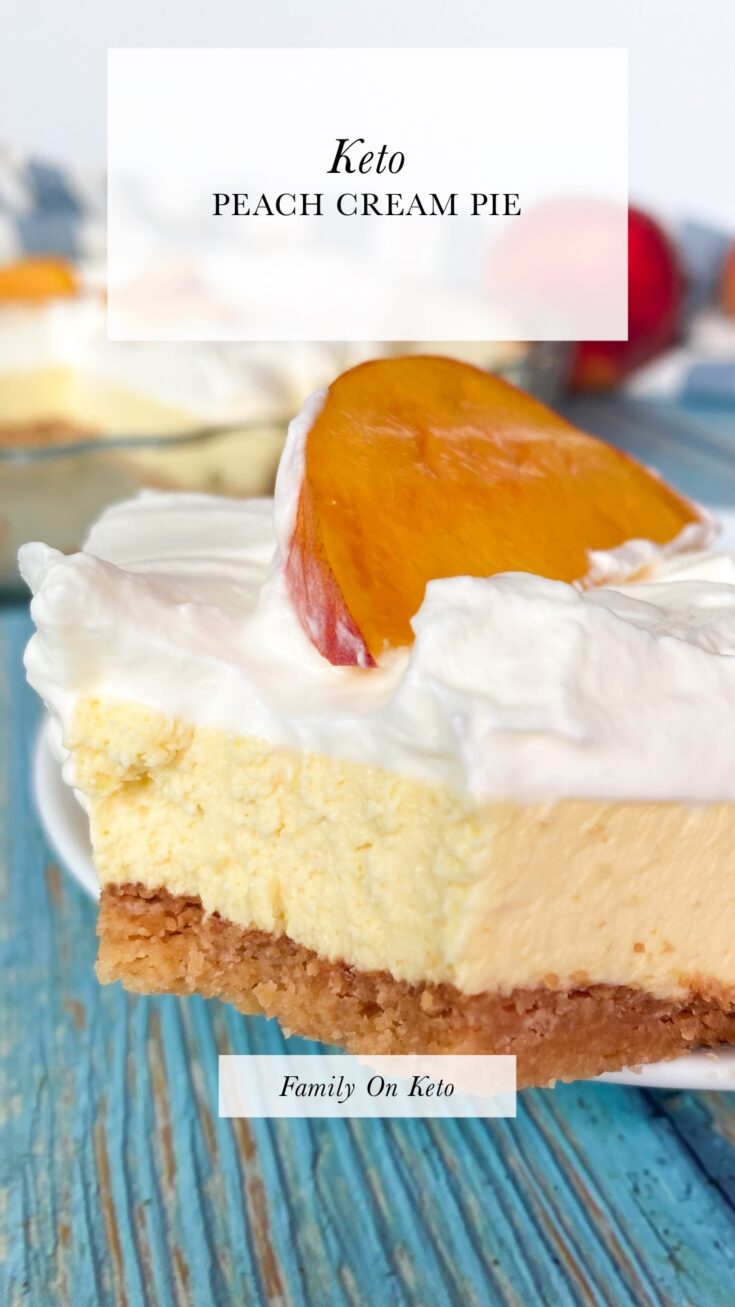 Slice of keto peach cream pie with cream and a slice of peach on top